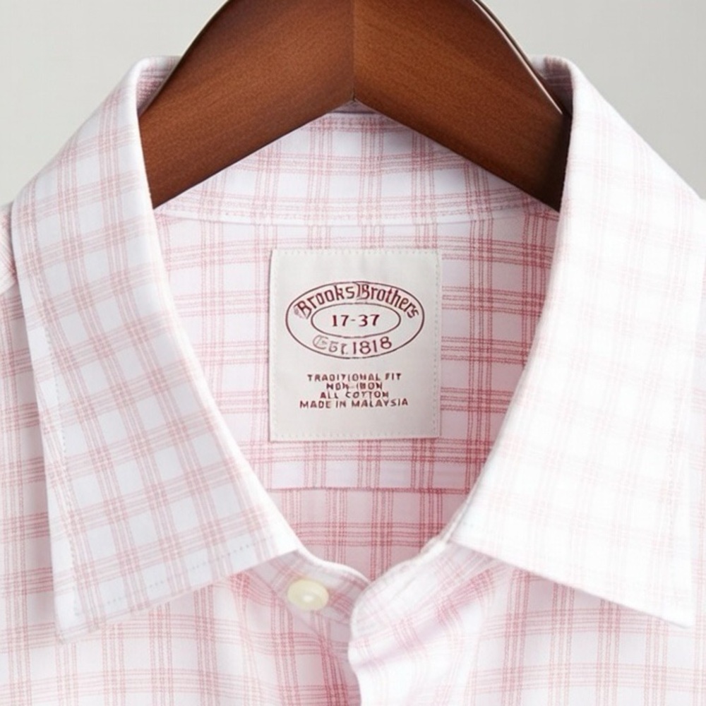 BROOKS BROTHERS Men’s Non-Iron Pink White Gingham Check Button-Down Shirt - Picture 6 of 7